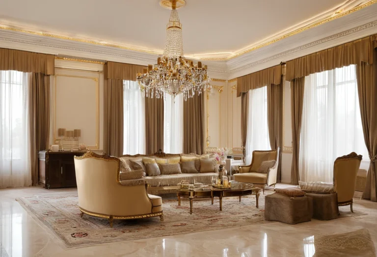 Completed luxury classic villa living room with marble floor, carved gilded furniture and layered lighting after fit-out handover