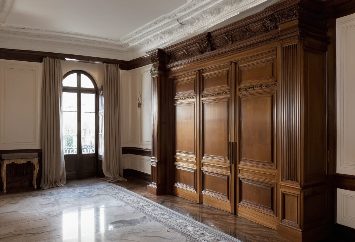 Carved walnut double doors and paneling components staged for installation inside a villa under fit-out