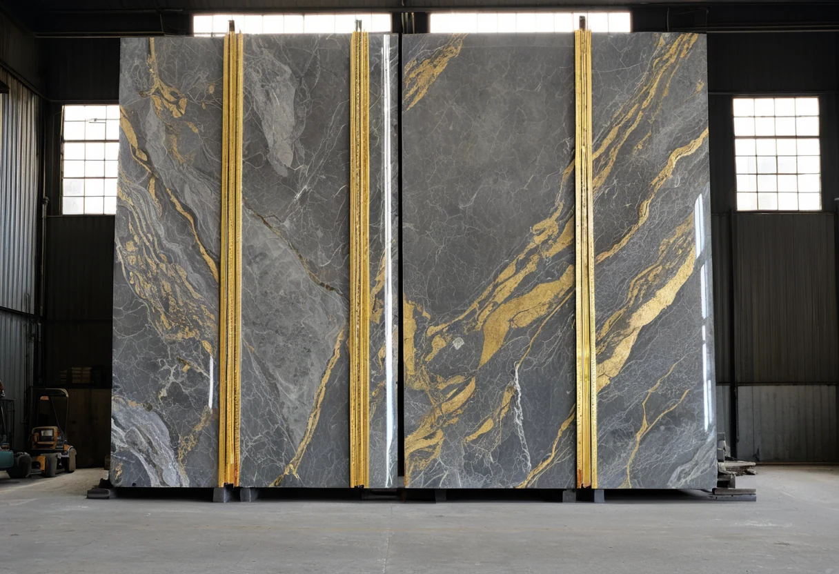Bookmatched marble slabs with dramatic symmetrical veining staged in a stone yard for villa flooring selection