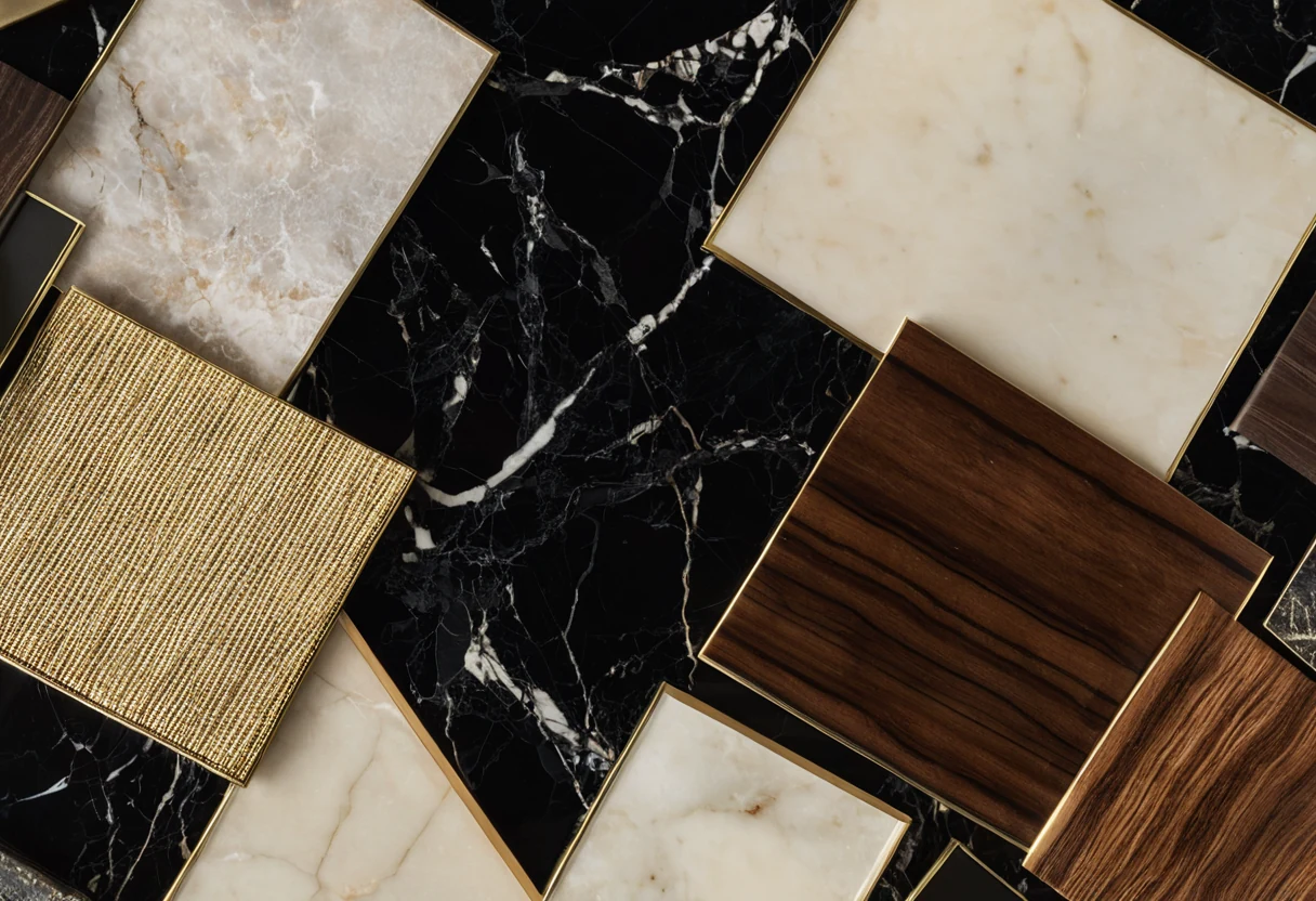 Approved material board with marble chips, walnut veneer swatches, silk and velvet samples and brass finish plates on a walnut table