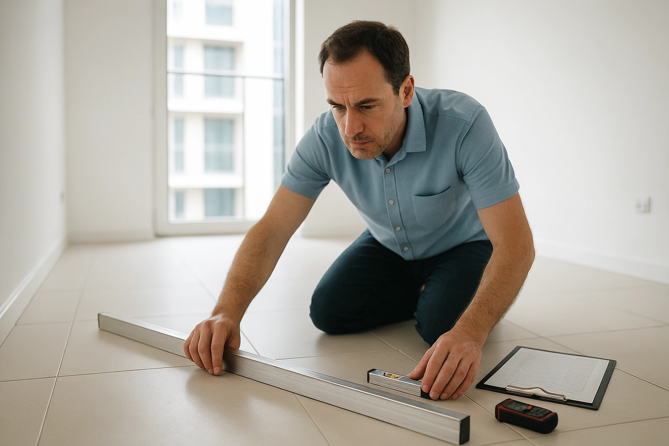 Inspector using a two metre straightedge and a spirit level to check floor flatness in a newly handed over apartment